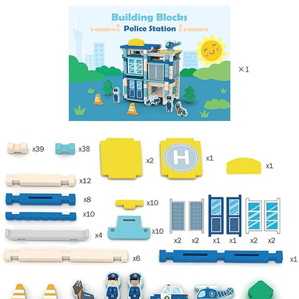 162PCS Wooden Building Blocks Set for Toddlers, Construction City Stacking Toys, Preschool Learning Educational Toys for Kids 3+ Years Girls and Boys (Police Station)