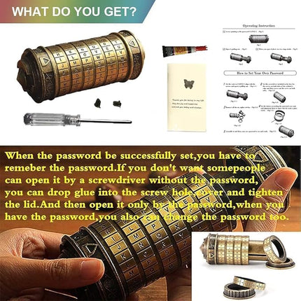 Unique Valentines Gift Cryptex Da Vinci Code Mini Cryptex Lock Puzzle Boxes with Hidden Compartments Heavy Real Metal Novelty Birthday Gifts Big Enough for Notes,Paper Money,Rings,Jewelry (Bronze)
