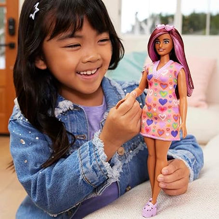 Barbie Fashionistas Doll #207 with Pink Hair Streaks Wearing Removable Heart-Print Sweater Dress, Sunglasses & Platform Shoes