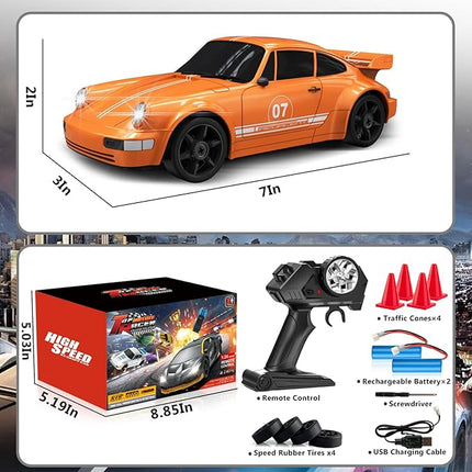 Remote Control Car RC Drift Car 2.4GHz 1:24 4WD 15KM/H High Speed Racing Sport Car with LED Lights Drifting Tire Racing Sport Toy for Adults Boys Girls Kids Gift 2Pcs Rechargeable Batteries