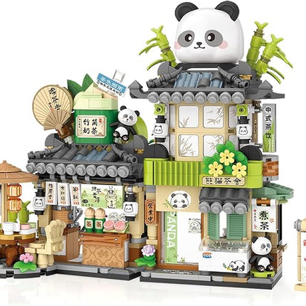Cute Panda Mini Building Blocks Set, 860PCS MOC Mini Architecture Building Kits with Tea Shop Street View Design - STEM Educational Construction Gift for Girls Boys Kids Adults