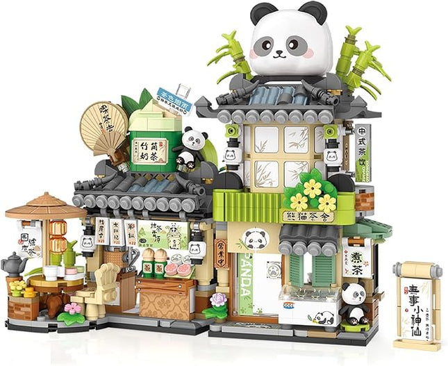 Cute Panda Mini Building Blocks Set, 860PCS MOC Mini Architecture Building Kits with Tea Shop Street View Design - STEM Educational Construction Gift for Girls Boys Kids Adults