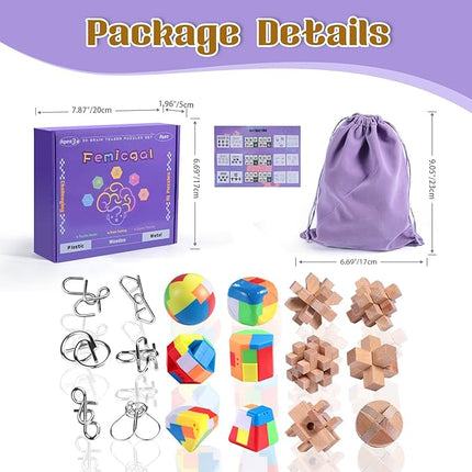 Brain Teaser Puzzles for Adults and Kids, 18Pcs Puzzle Games Set, 3D Wooden Plastic Metal Puzzle, Unlock Interlock Mind Brain Games, IQ Test Educational Toy