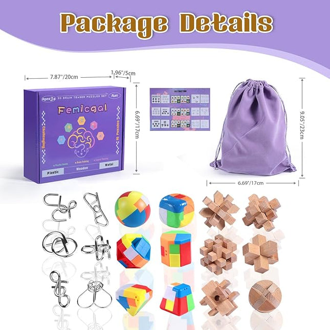 Brain Teaser Puzzles for Adults and Kids, 18Pcs Puzzle Games Set, 3D Wooden Plastic Metal Puzzle, Unlock Interlock Mind Brain Games, IQ Test Educational Toy