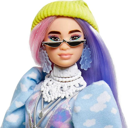 Barbie Extra Doll & Accessories with Shimmery Look, Pink & Purple Fantasy Hair & Neon Beanie with Pet Puppy