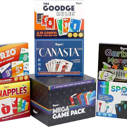 Regal Games Fun Card Games Set for Adults - Canasta, Spoons and a Spork, Garbage Monsters, ScorZo, The Goodge Rules, and Banapples Decks - Fun & Travel Playing Cards for Family Game Night