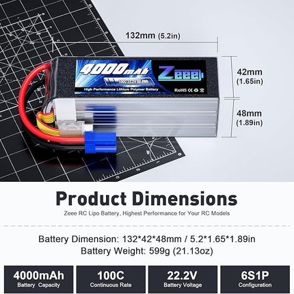 Zeee 6S Lipo Battery 4000mAh 22.2V 100C with EC5 Connector Soft Pack Battery for RC Airplane Helicopter RC Car Truck Tank Drone Racing Hobby(2 Pack)
