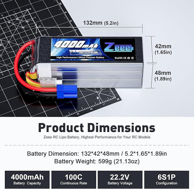 Zeee 6S Lipo Battery 4000mAh 22.2V 100C with EC5 Connector Soft Pack Battery for RC Airplane Helicopter RC Car Truck Tank Drone Racing Hobby(2 Pack)
