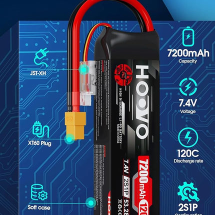 HOOVO 2S Lipo Battery, 7.4V 7200mAh 120C RC Battery Pack,Softcase with XT60 Plug for RC Car Truck Buggy Crawler Airplane Boat RC Vehicle,2Packs