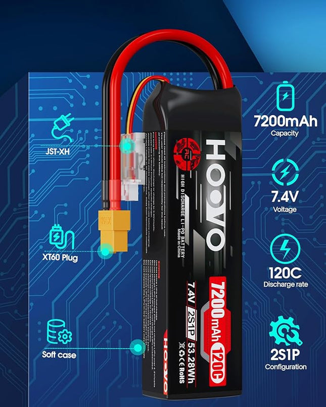 HOOVO 2S Lipo Battery, 7.4V 7200mAh 120C RC Battery Pack,Softcase with XT60 Plug for RC Car Truck Buggy Crawler Airplane Boat RC Vehicle,2Packs