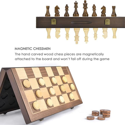AMEROUS Magnetic Wooden Chess and Checkers Game Set, 15 Inches (2 in 1) Chess Board Games, 2 Extra Queens - Gift Package - Game Pieces Storage Slots, Beginner Chess Set for Kids, Adults