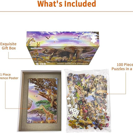 100 Piece Puzzles for Kids, African Animal 100 Piece Puzzles for Adults, Animal World Puzzle Jungle Scene Puzzle, Jigsaw Puzzles 100 Pieces for Seniors Teens Kids Ages 6-10