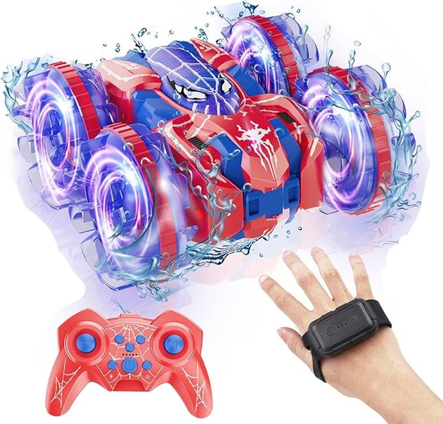 4WD Waterproof RC Car, 2.4 GHz Land & Water Remote Control Car Remote Control Boat for kids, 360°Rotation RC Truck Stunt Cars with LED Lights, Boys Girls Gifts All Terrain Water Beach Pool Toy