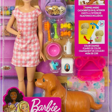Barbie Doll & Pets Set, Blonde with Mommy Dog, 3 Newborn Puppies with Color-Change Feature & Pet Accessories