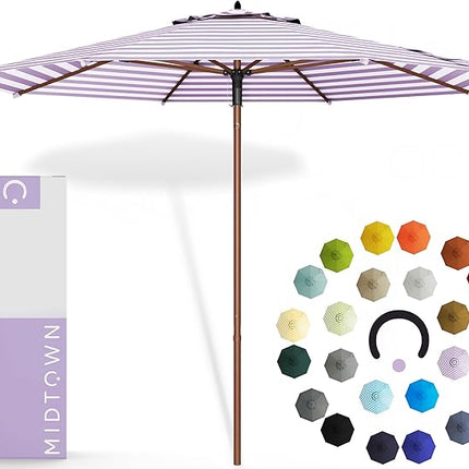 The Wooden 10 Feet Outdoor Umbrella With Terylast Midtown Stripes (Purple/White Stripes) Polyester Fabric - Aluminum Frame Patio Umbrella With Push System For Deck, Garden, Pool - Wooden Pole