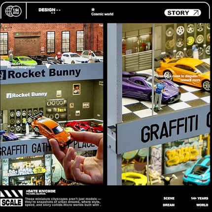 Display Case for Hot Wheels: Stackable Parking Garage for 1/64 Scale Matchbox Toy Car, FoamBoard Storage for Monster Trucks with LED Light and Acrylic Cover, 2025 Upgraded Graffiti Wall