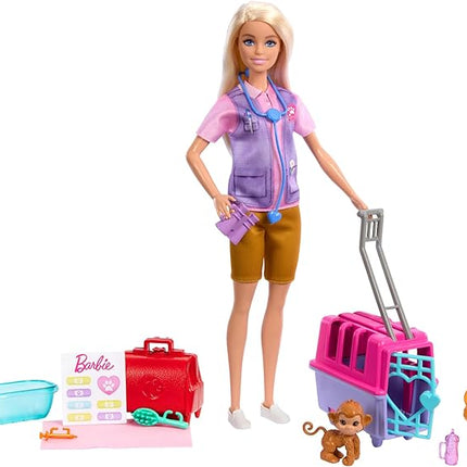 Barbie Careers Doll & Accessories, Animal Rescue & Recovery Playset with Blonde Doll, Baby Monkey & Tiger Figures, Carrier & More