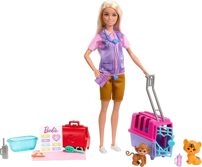 Barbie Careers Doll & Accessories, Animal Rescue & Recovery Playset with Blonde Doll, Baby Monkey & Tiger Figures, Carrier & More