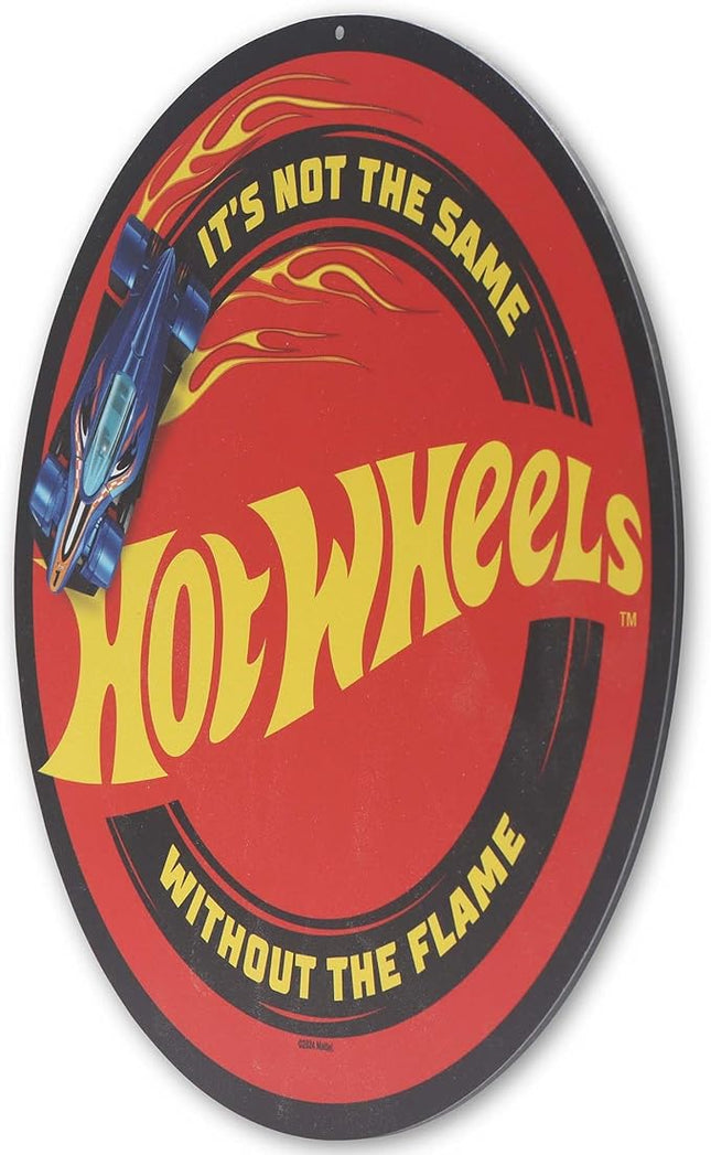 Mattel Hot Wheels Not the Same Without the Flame Metal Sign - Fun Hot Wheels Wall Decor for Kids' Bedroom or Man Cave