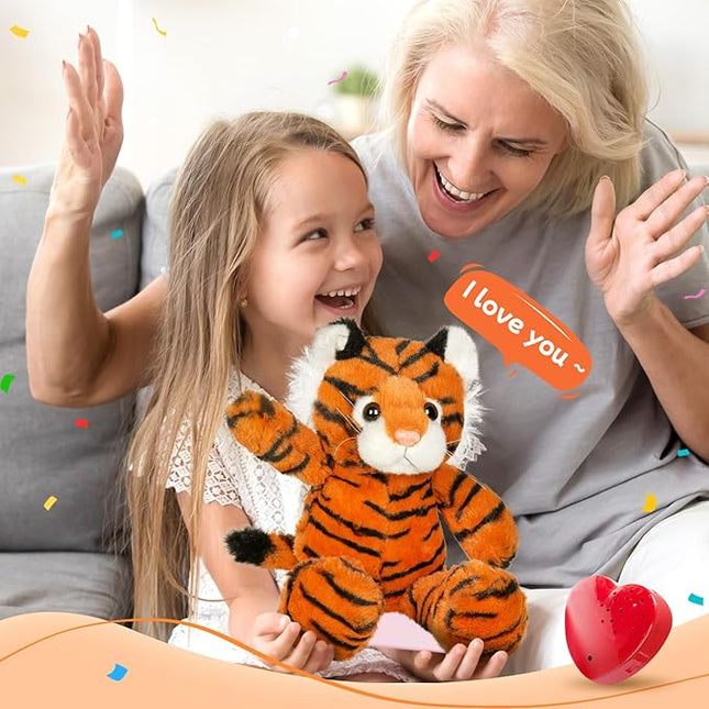 13" Heartbeat Tiger Recordable Stuffed Animals Voice Sweet Messages Recorder Soft Plush Toy Playback Your Words Birthday Gifts for Toddler Kids