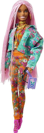 Barbie Extra Doll & Accessories with Long Pink Braids in Teal Floral Jacket & 2-Piece Floral Outfit with DJ Pet Mouse