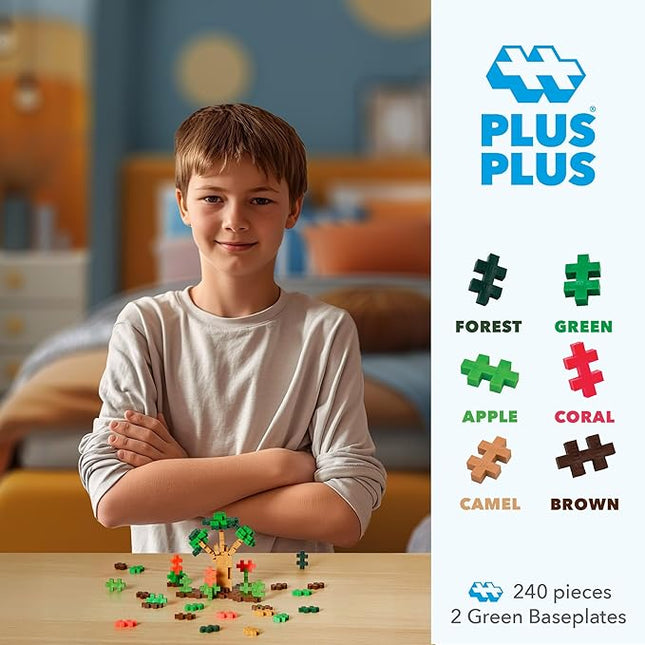 PLUS PLUS 240 Piece Interlocking Building Blocks for Kids, Open Ended Connecting Toys, STEM Bin Mini Manipulatives - Jungle Mix Play Tube & Baseplate