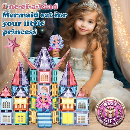 Little Pi Mermaid Princess Magnetic Building Blocks Castle - Magnet Tiles Doll House - Educational Stem Playset Toddler Toys - Birthday Gift for Kids Age 3 4 5 6 7 8 Year Old Girls & Boys