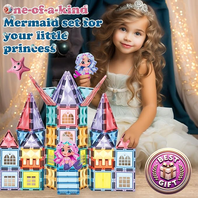 Little Pi Mermaid Princess Magnetic Building Blocks Castle - Magnet Tiles Doll House - Educational Stem Playset Toddler Toys - Birthday Gift for Kids Age 3 4 5 6 7 8 Year Old Girls & Boys