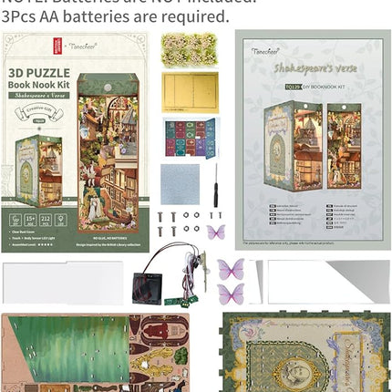 Tonecheer x British Library DIY Book Nook Kit, Shakespeare 3D Wooden Puzzle for Adults, Miniature House Kit Booknook Bookshelf Insert Decor with LED Lights Craft Gifts (Shakespeare's Verse)