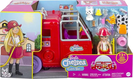 Barbie Chelsea Can Be Doll & Toy Fire Truck Playset with Blonde Small Doll, 2 Pets & 15+ Acessories, Open for Fire Station