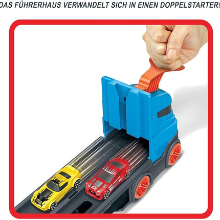 Hot Wheels - Speedway Hauler Storage Carrier with 3 1:64 Scale Cars & Convertible 6-Foot Drag Race Track for Kids 4 to 8 Years Old, Stores 20+ Cars & Connects to Other Playsets, HGH33