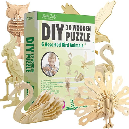 Hands Craft DIY 3D Wooden Puzzle – 6 Assorted Bird Animals Bundle Pack Set Brain Teaser Puzzles Educational STEM Toy Adults and Kids to Build Safe and Non-Toxic Easy Punch Out Premium Wood JP2B4