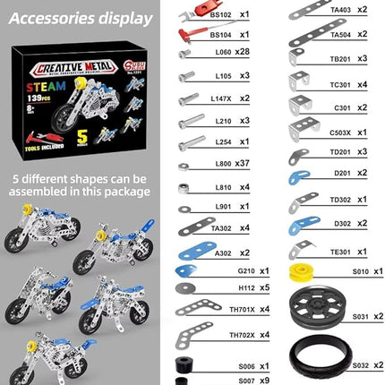 Creative Set Motorcycle,Stem Building Projects Toys for Kids 8 9 10 11 12+ Year Old,Metal Building Construction Model kit, 5 in 1 Motobike Building Blocks Steam Educational Toys(139PCS)