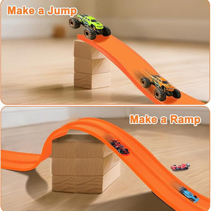 15 Ft Double Sided Flexible Race Track Set with 6 Toy Cars for Kids (Orange)
