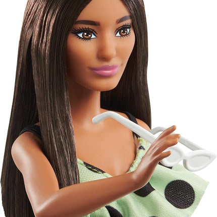 Barbie Fashionistas Doll #200 with Brunette Hair, Green Polka Dot Romper & Accessories Including Orange Heels & Sunglasses