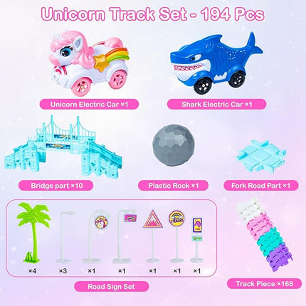 Unicorn Race Track Car Set for Kids, Flexible DIY Tracks with Unicorn and Shark Cars, STEM Building Toy for Girls and Boys Ages 3 4 5 6 7, Birthday Gift Idea