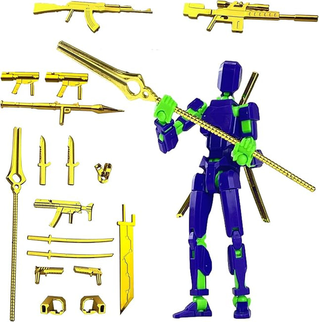 Assembly Completed T13 3D Printed Action Figures,Dummy 13 Robot 13 Movable N13 Action Figure, Lucky 13 Gift for Collectors Desktop Decorations for Game Lovers Toy(Purple Green + Metallic Weapon)