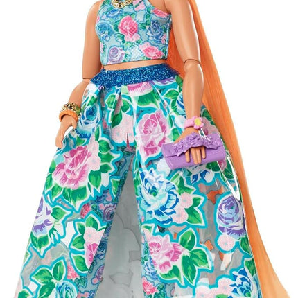 Barbie Extra Fancy Fashion Doll & Accessories with Curvy Shape & Orange Hair in Floral 2-Piece Gown with Pet Kitten