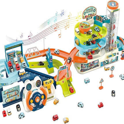 Fisca 2-in-1 Race Car Tracks PlaySet for Kids, Toy Car Ramp Track and Lifting Parking Lot, Dual Mode Toddler Car Track Toy Playset with 6 Cars, Automatic Rotary Elevator, Steering Wheel Music Driving