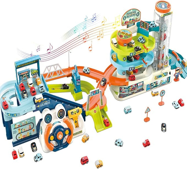 Fisca 2-in-1 Race Car Tracks PlaySet for Kids, Toy Car Ramp Track and Lifting Parking Lot, Dual Mode Toddler Car Track Toy Playset with 6 Cars, Automatic Rotary Elevator, Steering Wheel Music Driving