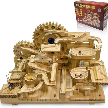 Wooden Marble Run Building Set, Electric Motorized, 75 Blocks, 15 Marbles, 3D Brain Teaser Construction Kit.for Adults and Adolescent to Build (SN-115)