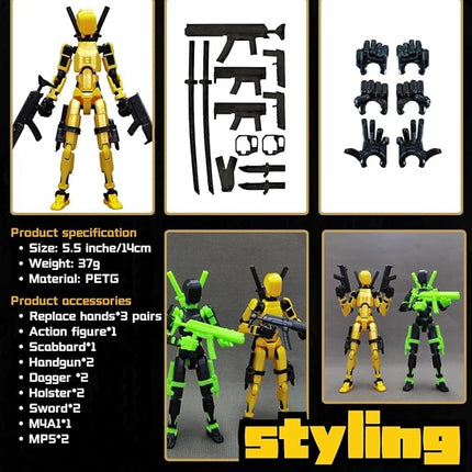 T13 Action Figure with Lots of Accessories,3D Printed Multi-Jointed Titan13 Figure,Gold Dummy 13 Desktop Decorative Toy