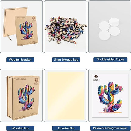 delobil Colorful Cactus Wooden Puzzles, 300 Pieces Jigsaw Puzzles 12.2'' x15.4'', Unique Design Liberty Wooden Puzzles for Adults and Kids, Family Game Gift Royal Size