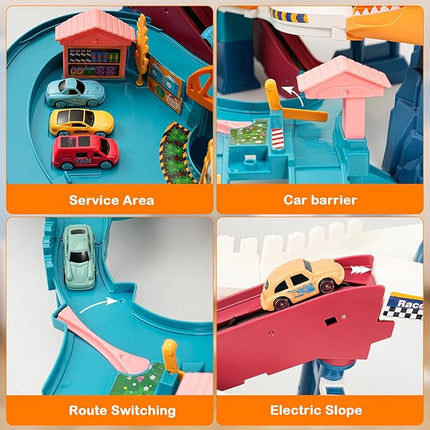 Toy Car Ramp Track, Climbing Hills Railcar Colorful Vehicles Construction Play Set with 12 Mini Racer Cars for Kids 3+(Dinosaur)