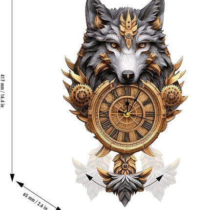 3D Puzzles for Adults Clock-Gray Wolf Design Model Kit-Mechanical DIY Pendulum Clock with Roman Numerals-Desk Home Office Decor Personalized Gift for DIY Lovers