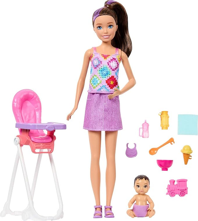 Barbie Skipper Babysitters, Inc. Playset with Brunette Doll, Brunette Toddler Doll, High Chair & 8 Accessories Including Food