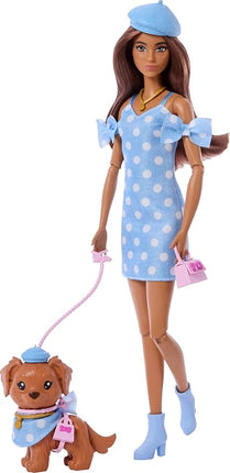 Barbie Twinning Looks Doll with Pet Dog in Matching Blue Polka Dot Clothes and Accessories for Both Like Berets and Purses, Brown Hair