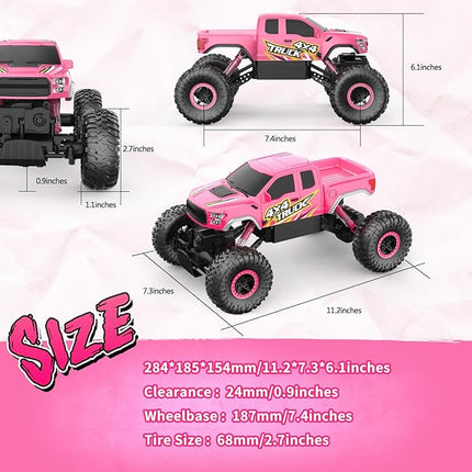 Double E Raptor F150 RC Car 4WD 2 Motors Monster Trucks for Girls, 11 Inches Off Road Crawler Vehicle Truck Toy with Rechargeable Battery Gift for Kids 6 7 8 9 10 11 12 Years-Pink