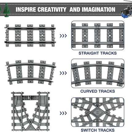 Classic City Train Tracks, 54 Pieces Railroad Track with 32 Curved, 20 Straight and 2 Switch Train Tracks, Train Expansion Accessories Compatible with All Major Train Tracks