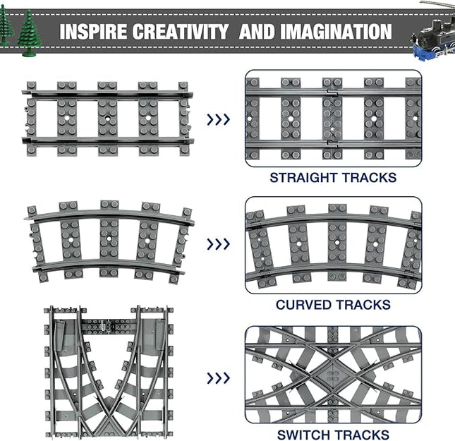 Classic City Train Tracks, 54 Pieces Railroad Track with 32 Curved, 20 Straight and 2 Switch Train Tracks, Train Expansion Accessories Compatible with All Major Train Tracks